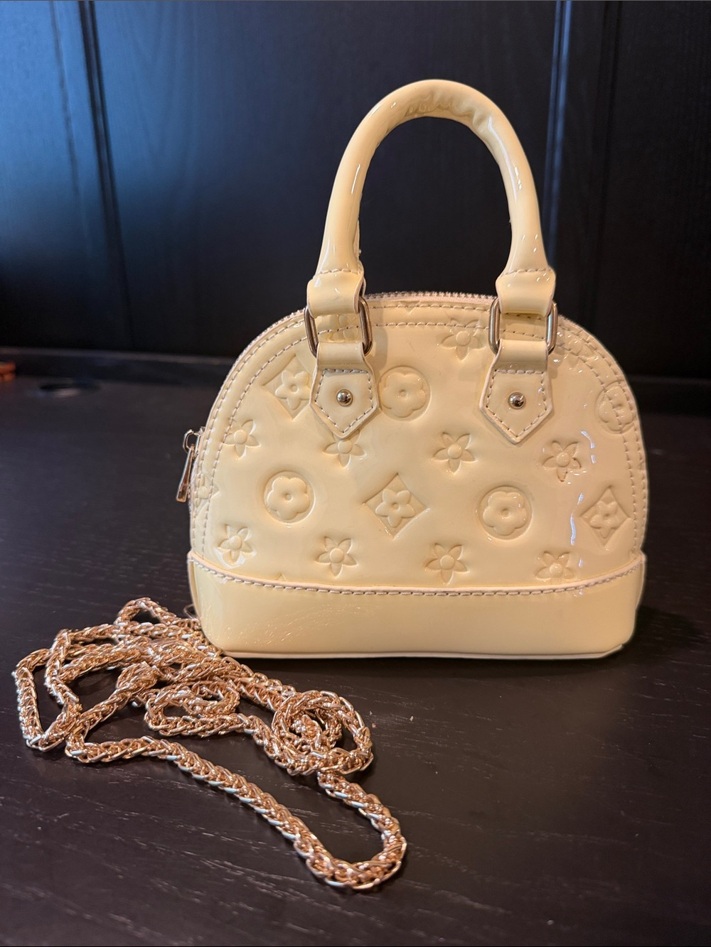 Cream Patent Mini Dome Satchel Handbag with Chain for kids